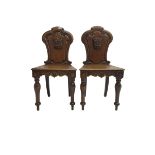 Pair Victorian oak hall chairs