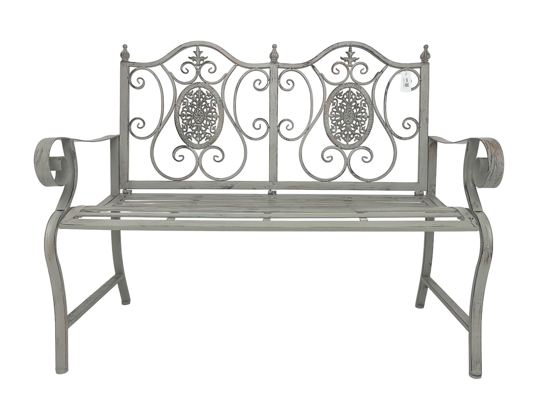 Regency design grey finish wrought metal two-seat bench - Image 3 of 7