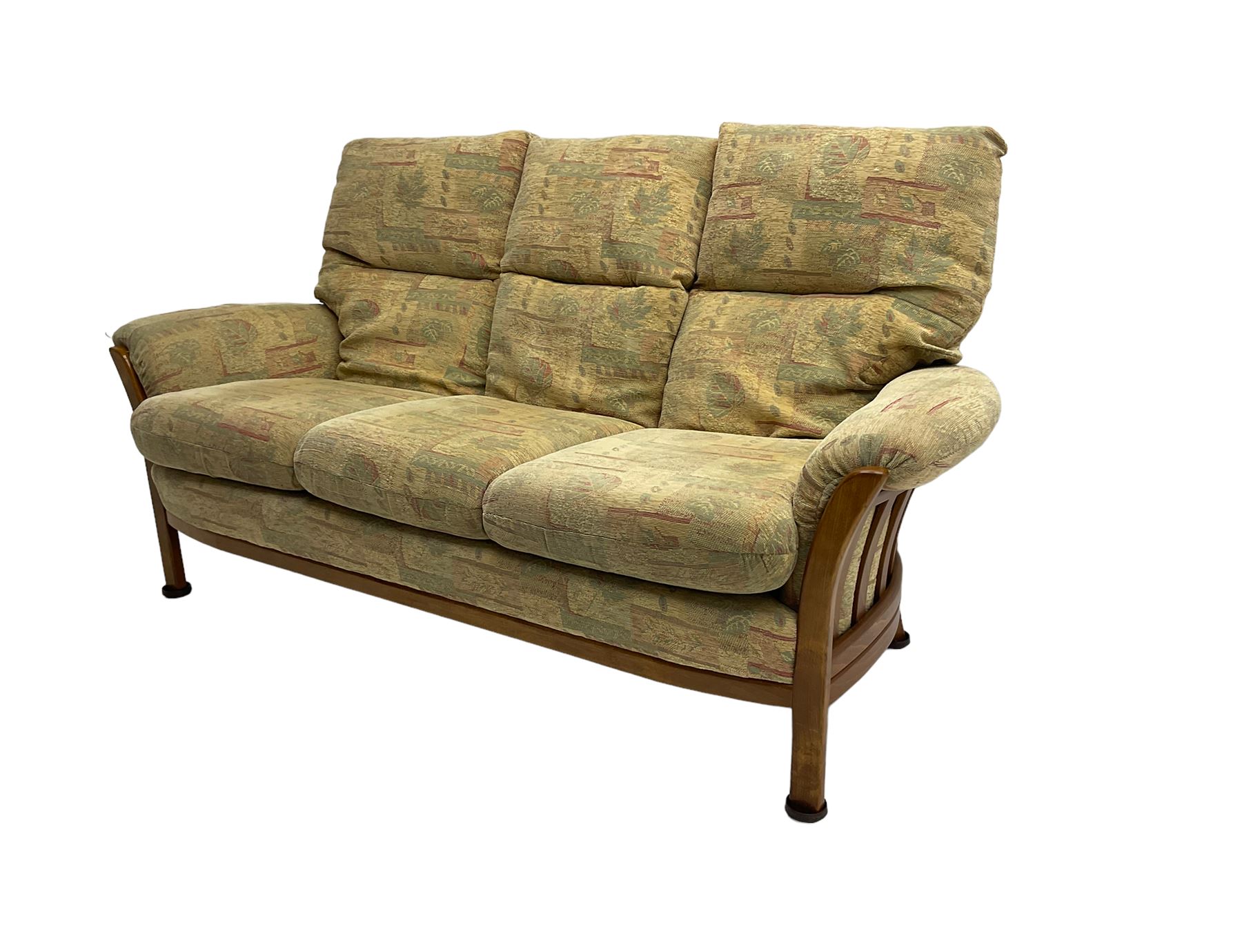 Mid-20th century beech framed three seat sofa (W1180cm) and pair of matching armchairs (W95cm) uphol - Image 13 of 15