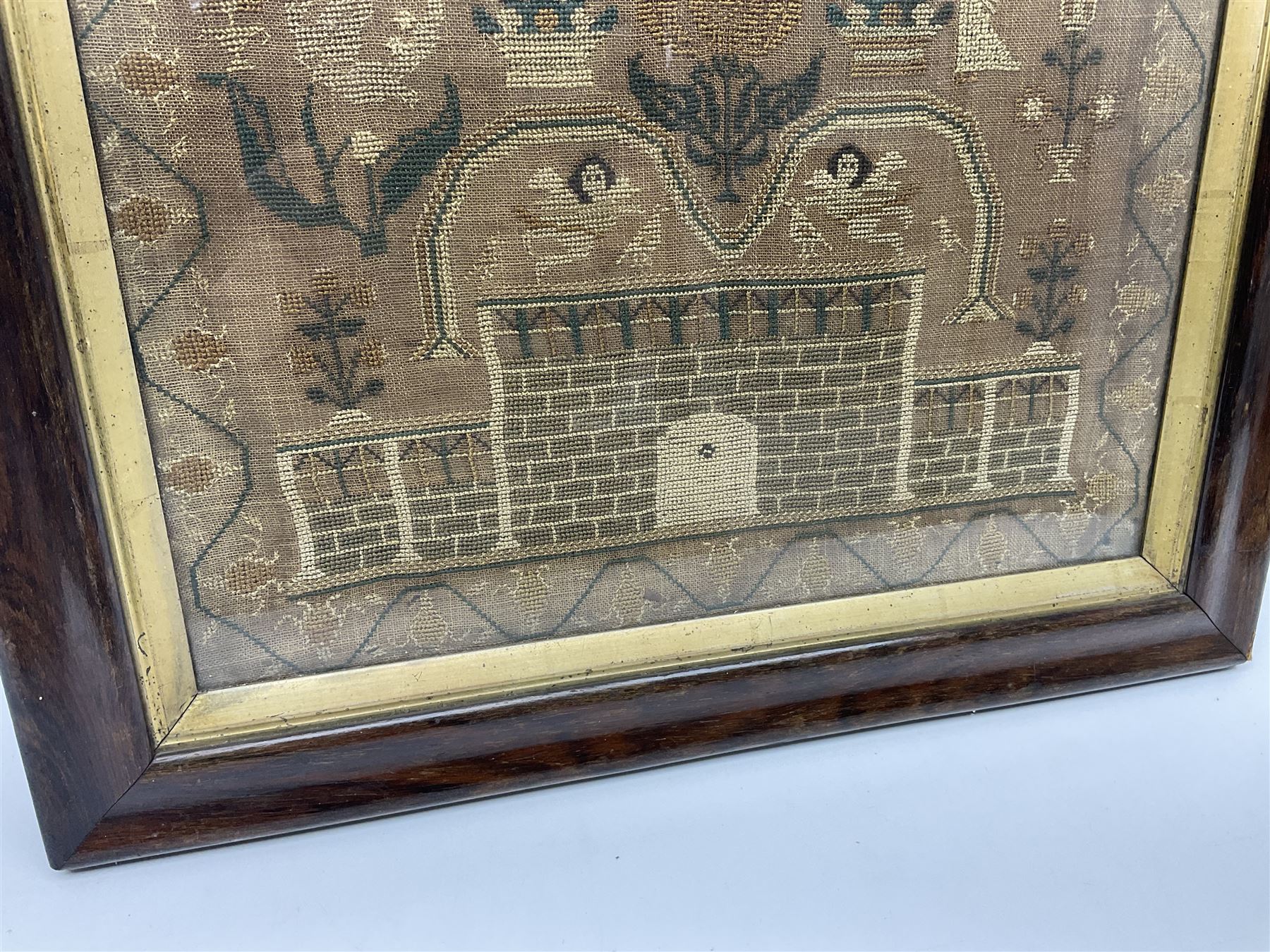 Victorian needlework sampler showing a mansion with cherubs and flowers - Image 5 of 6