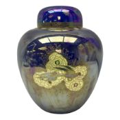 Carlton Ware lustre ginger jar and cover decorated with birds in flight on a blue ground