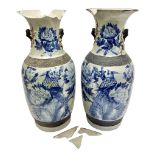 Pair of Chinese blue and white crackle glazed vases decorated with birds in blossoming branches with