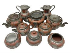 20th century Chinese pewter mounted Yixing tea wares