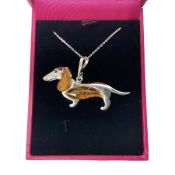 Silver Baltic amber Dachshund pendant necklace