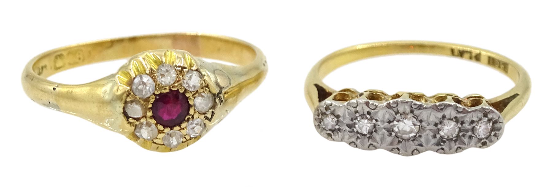 Early 20th century gold ruby and old cut diamond cluster ring and a gold five stone diamond ring