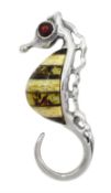 Silver two tone amber seahorse brooch