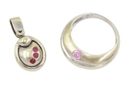 14ct white gold pink stone set ring and a 14ct white gold ruby pendant