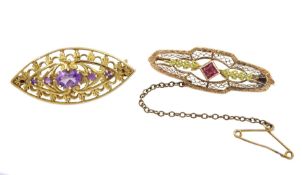 Gold amethyst brooch and one other pink stone set brooch