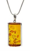 Silver rectangular Baltic amber pendant necklace