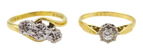 Gold three stone illusion set diamond chip ring and a single stone diamond ring