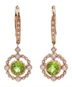 Pair of 14ct rose gold peridot and round brilliant cut diamond pendant stud earrings