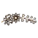 Victorian silver and gold flower and bow spray brooch set with pearls
