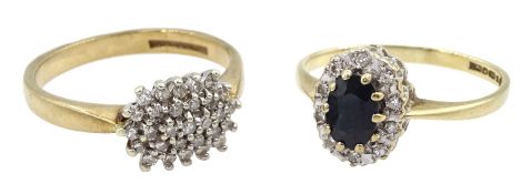 Gold diamond cluster ring and a gold sapphire and diamond cluster ring