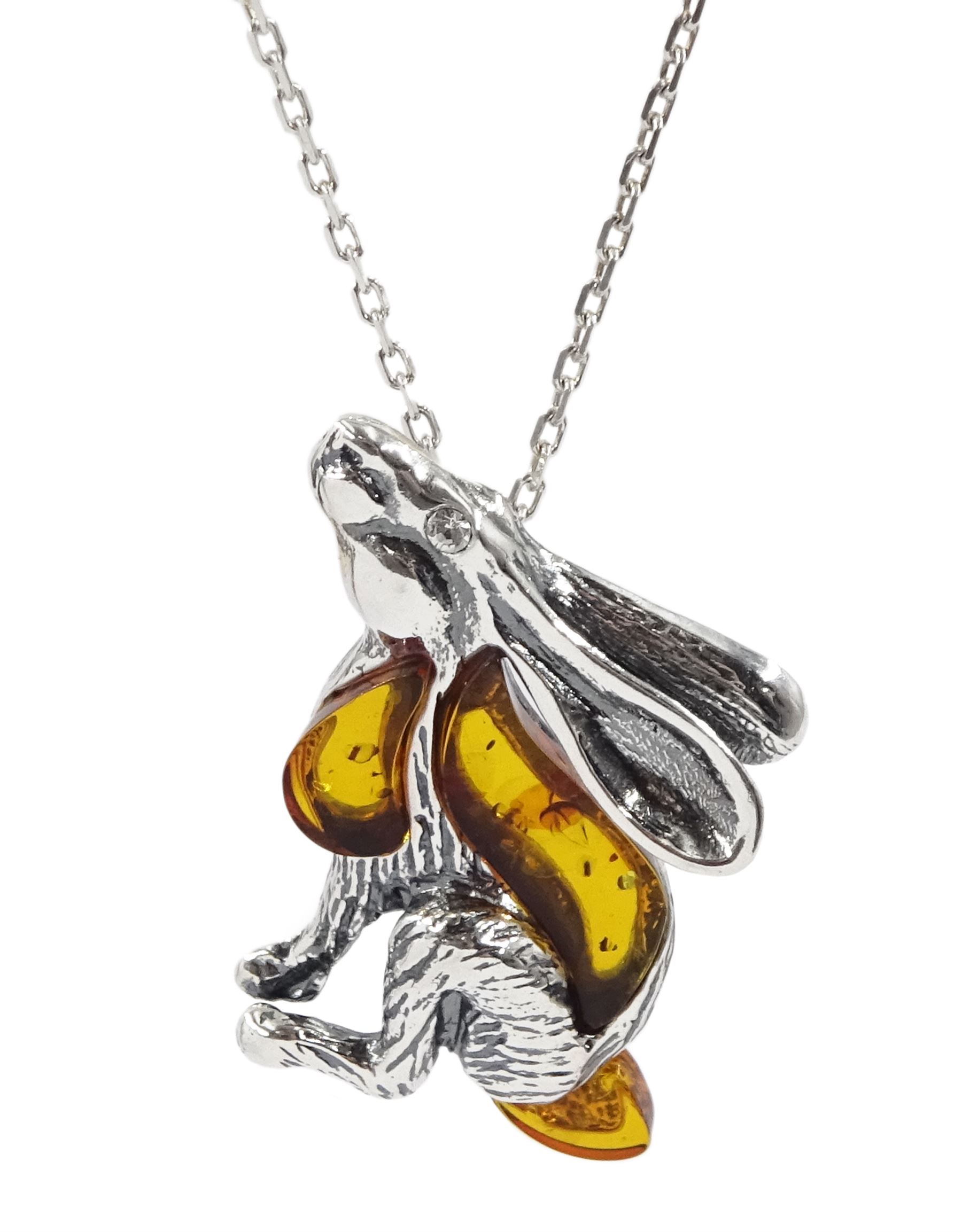 Silver Baltic amber moon gazing hare pendant necklace