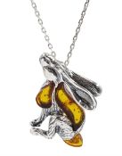 Silver Baltic amber moon gazing hare pendant necklace