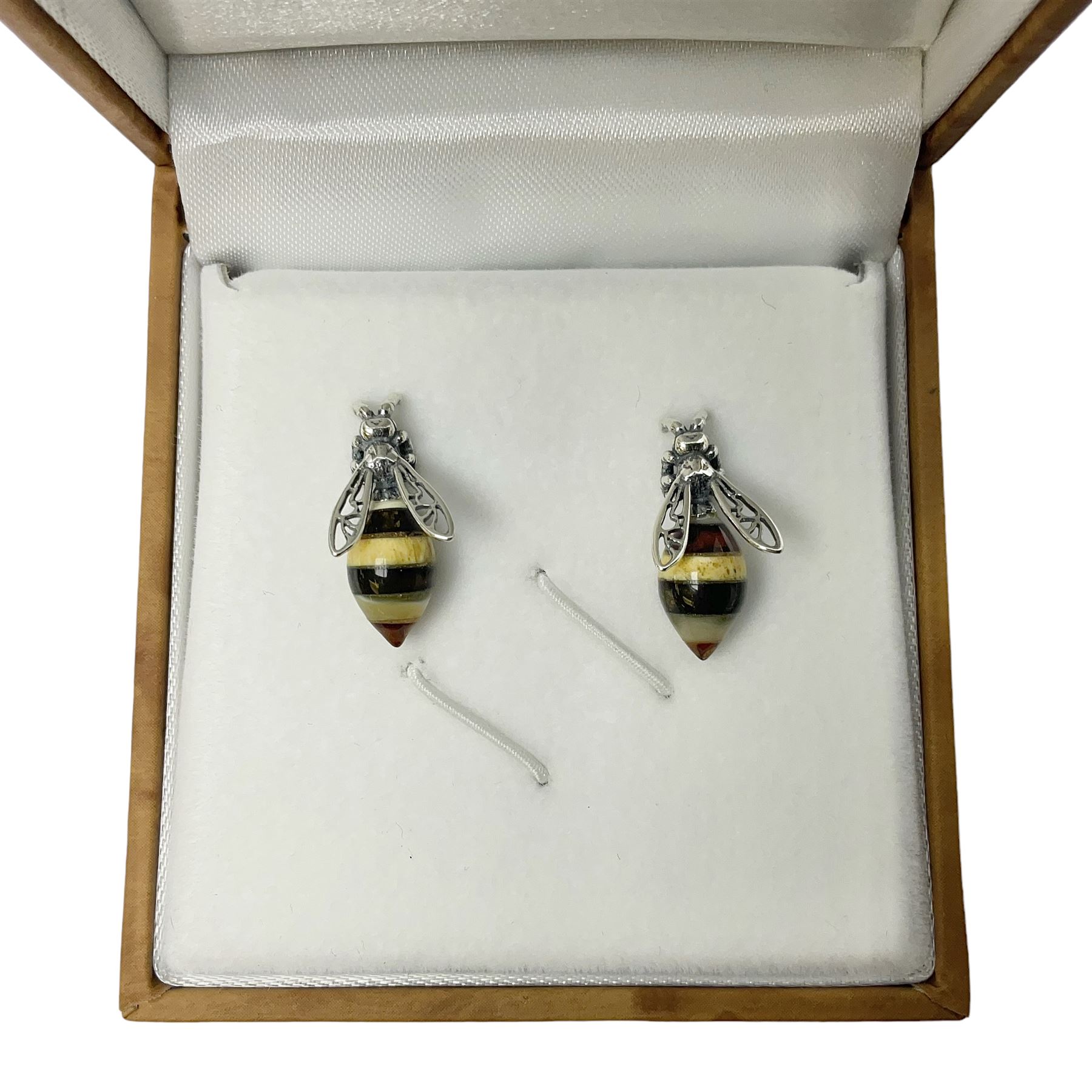 Pair of silver Baltic amber honey bee stud earrings