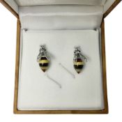 Pair of silver Baltic amber honey bee stud earrings
