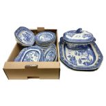 Collection of blue and white willow pattern dinnerwares