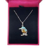 Silver Baltic amber and turquoise kingfisher pendant necklace