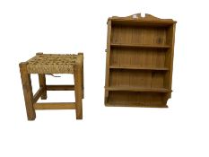 Pitch pine stool with woven seat (W36cm H40cm); and pine wall shelf (W51cm H70cm)