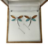 Pair of silver Baltic amber and turquoise dragonfly stud earrings