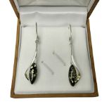 Pair of silver green Baltic amber pendant earrings