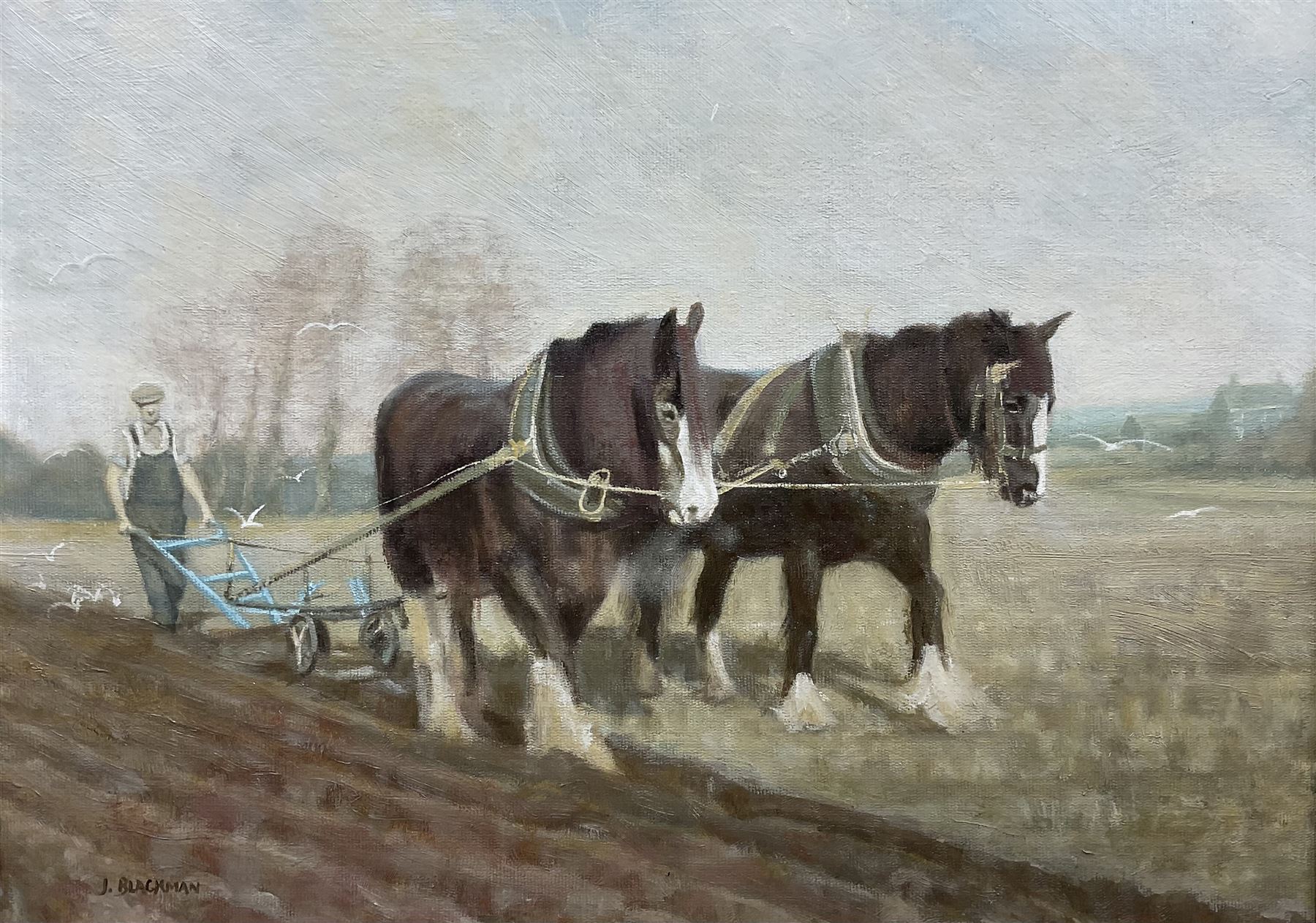 J Blackman (20th century): Heavy Horses Ploughing