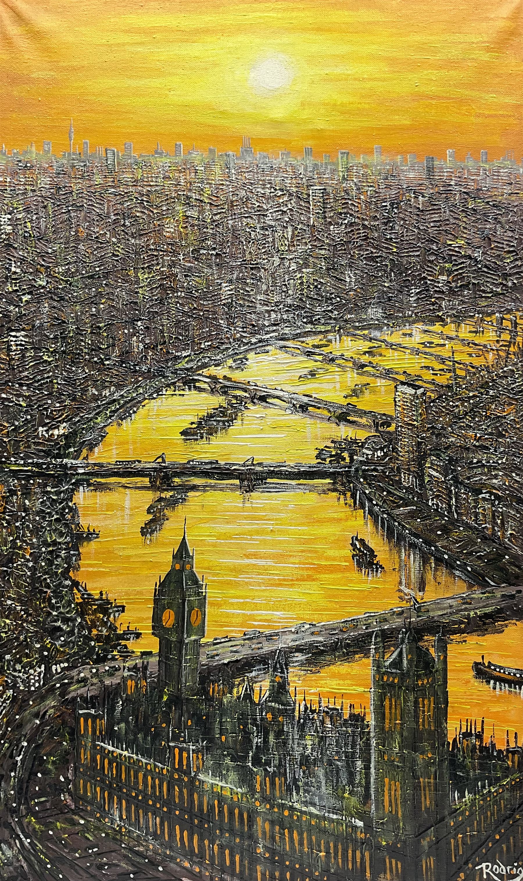 Alvaro Rodriguez (Spanish Contemporary): Aerial View of the Thames at London
