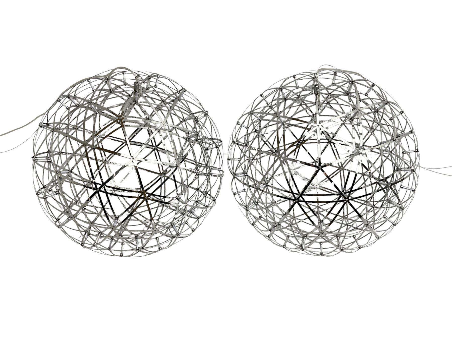 Pair polished metal spherical cage LED light fittings - Image 3 of 3