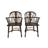 Pair late 20th century oak Windsor elbow chairs