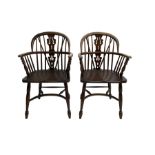 Pair late 20th century oak Windsor elbow chairs