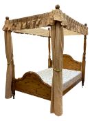 Polished pine 4' 6" double four poster bed