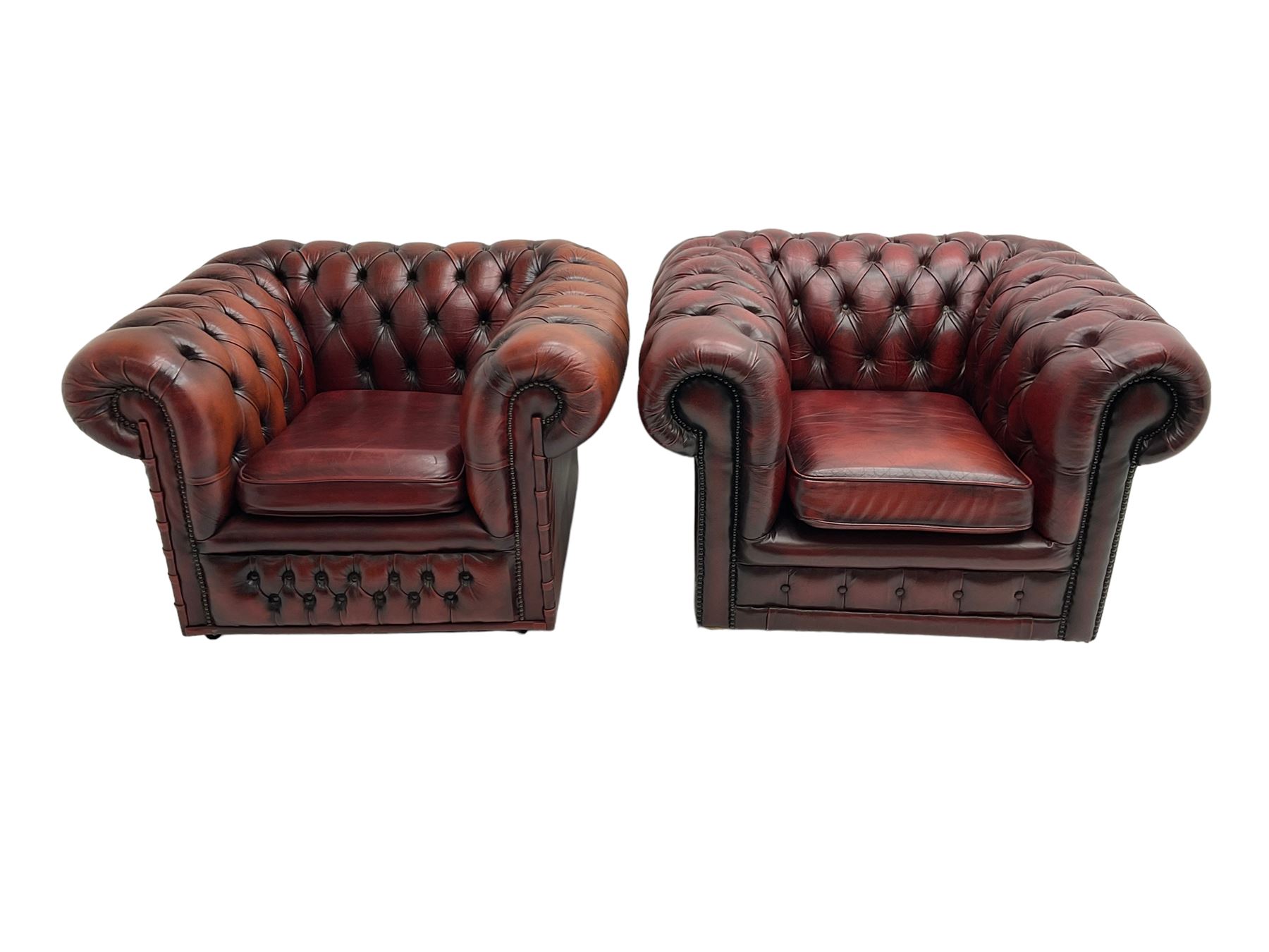 Pair chesterfield armchairs in oxblood leather - Image 6 of 7