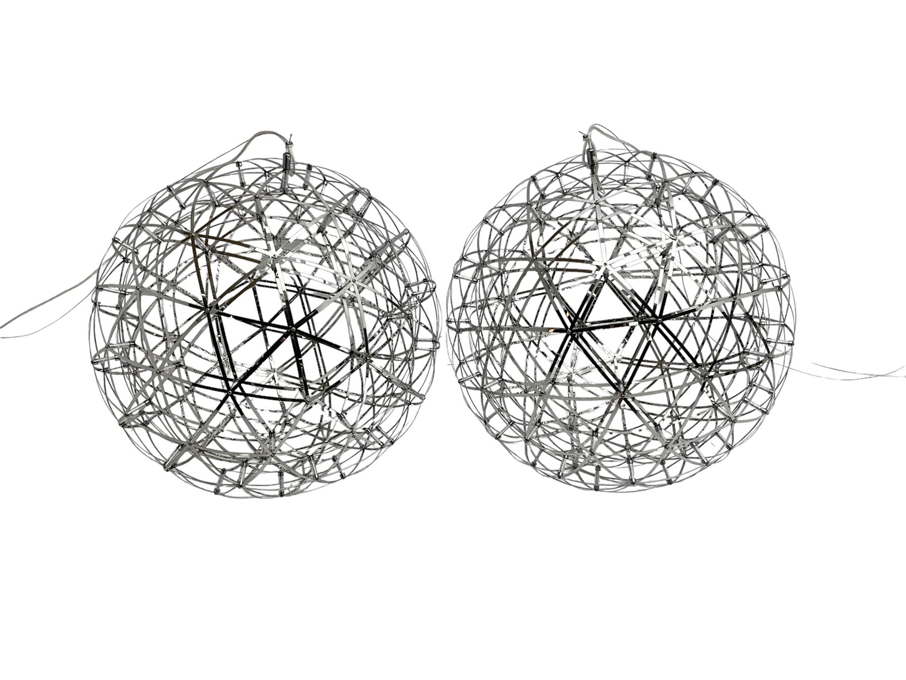 Pair polished metal spherical cage LED light fittings - Image 2 of 3