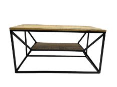 Contemporary hardwood and wrought metal two-tier X-framed coffee table