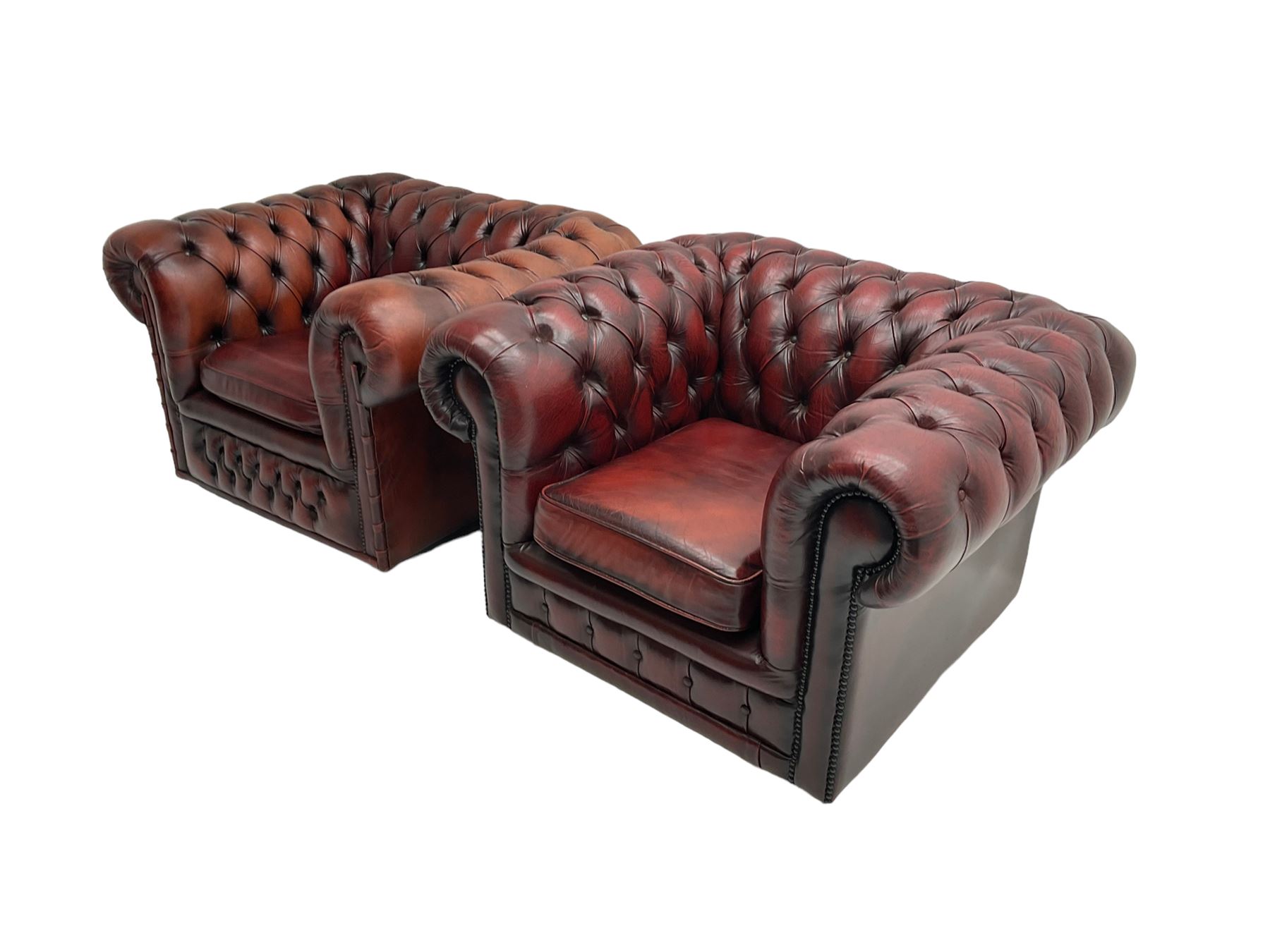 Pair chesterfield armchairs in oxblood leather - Image 3 of 7