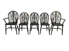 Late 20th century set five (3+2) beech Windsor armchairs
