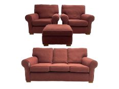 Multiyork - traditional three seat sofa upholstered in claret red fabric (W200cm H80cm); and pair ma
