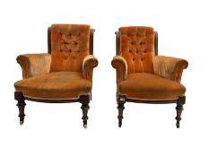 Late Victorian walnut framed Lady's and Gentleman's armchairs