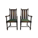 Pair early 20th century oak carver armchairs