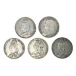 Five Queen Victoria crown coins