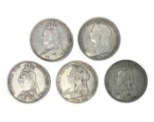 Five Queen Victoria crown coins