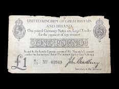 United Kingdom of Great Britain and Ireland Bradbury second issue one pound banknote 'K1 17 No. 0394