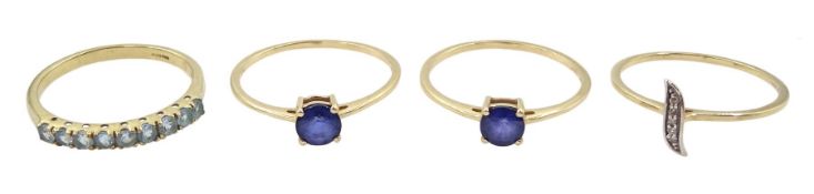 Four 9ct gold stone set rings including sapphire and diamond