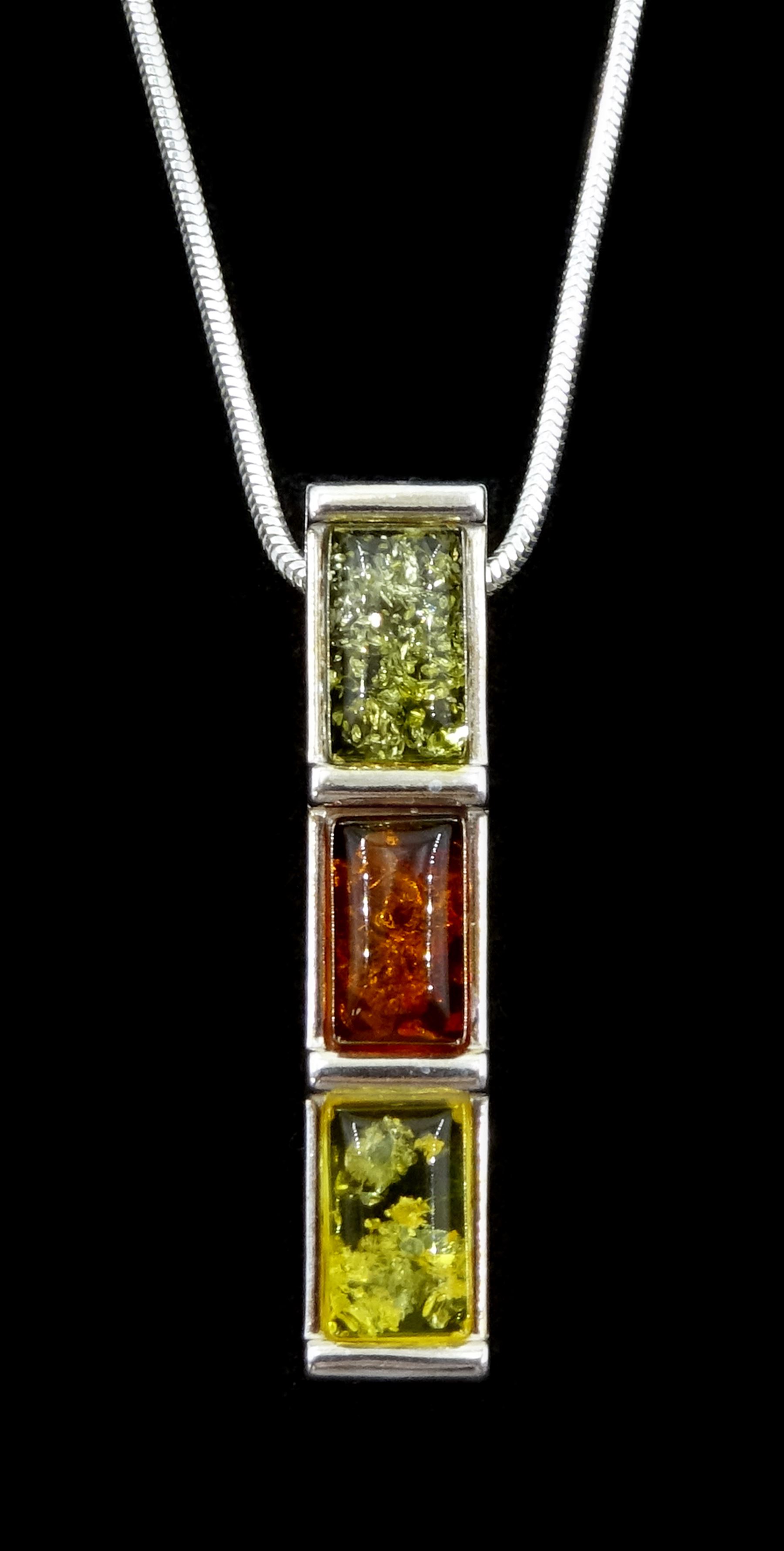 silver tri-coloured amber pendant necklace