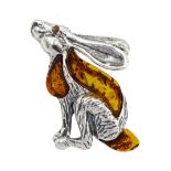 Silver Baltic amber moongazing hare brooch