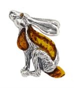 Silver Baltic amber moongazing hare brooch