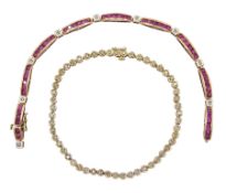 Gold diamond chip bracelet and a gold ruby and diamond chip bracelet