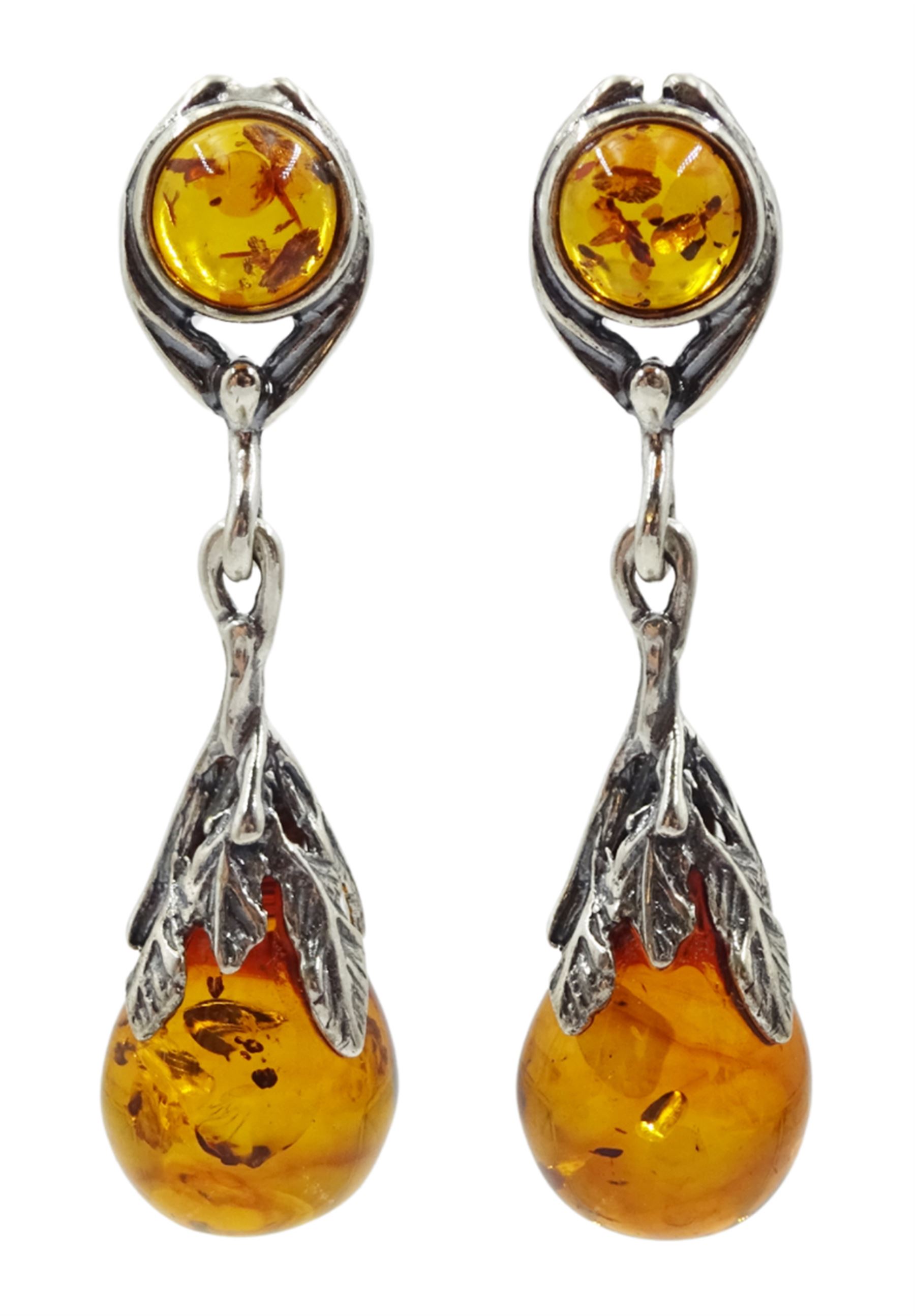 Pair of silver Baltic amber pendant earrings