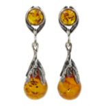 Pair of silver Baltic amber pendant earrings